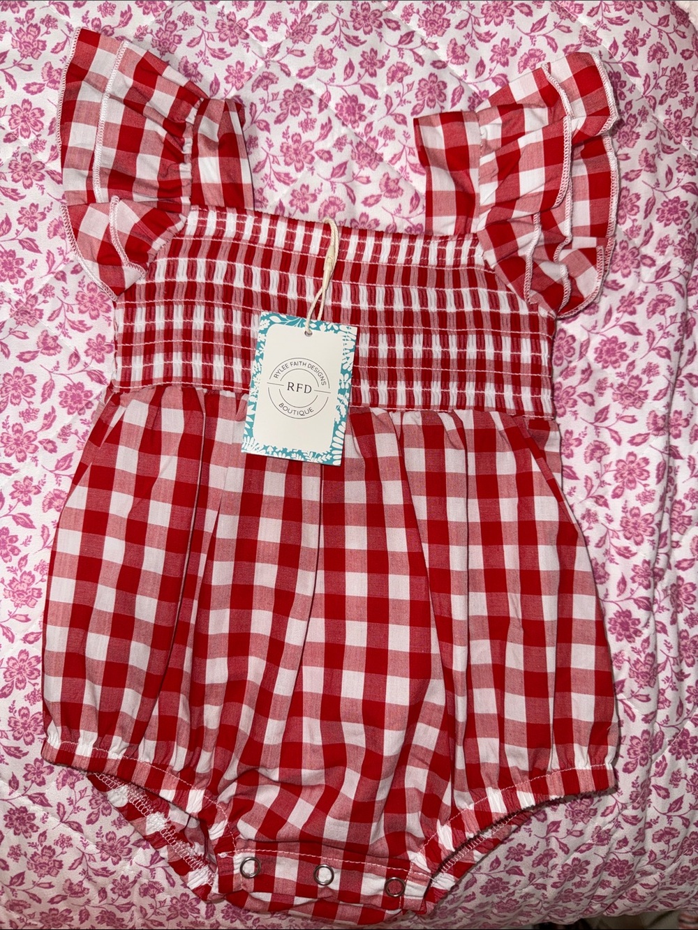 Rylee & Faith Smocked Gingham Bubble Romper 6M NWT Boutique Patriotic Baby Girl